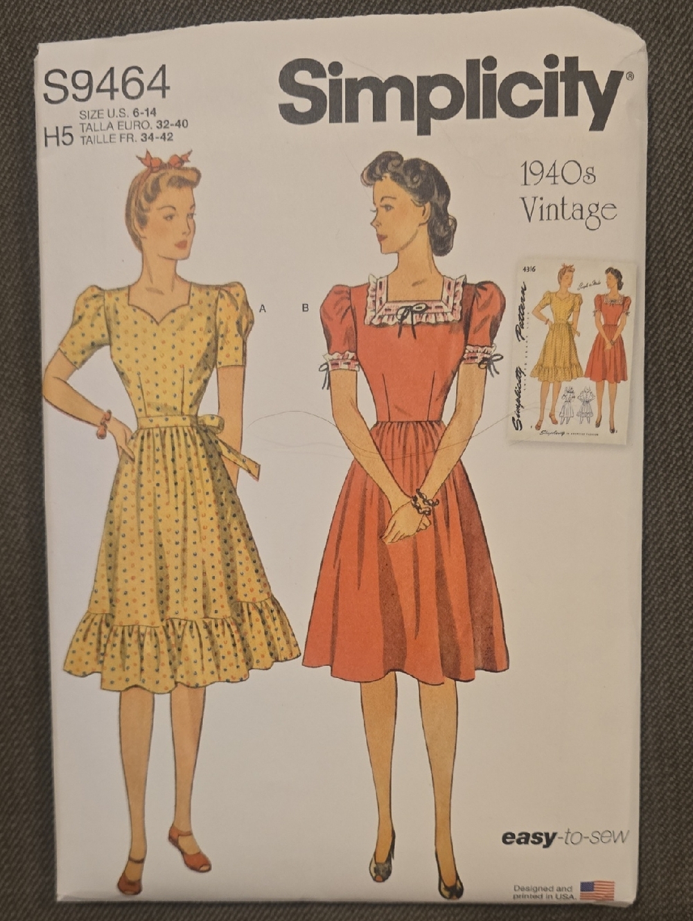 Simplicity 1940s Vintage Women's Dress Sewing Pattern - Yellow and Red Options